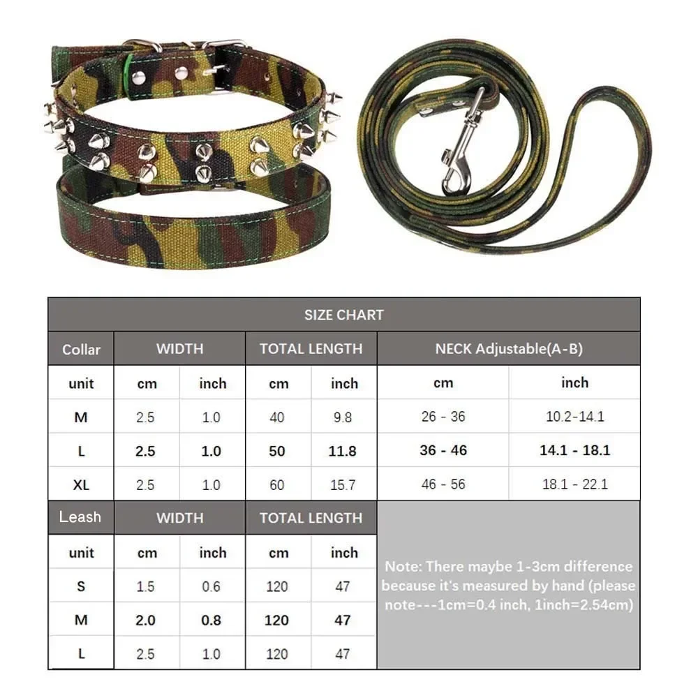 Cloth Camouflage Dog Collar And Leash Rope Spiked Studded Adjustable Pet Collars For Medium Large Dog German Shepherd Training