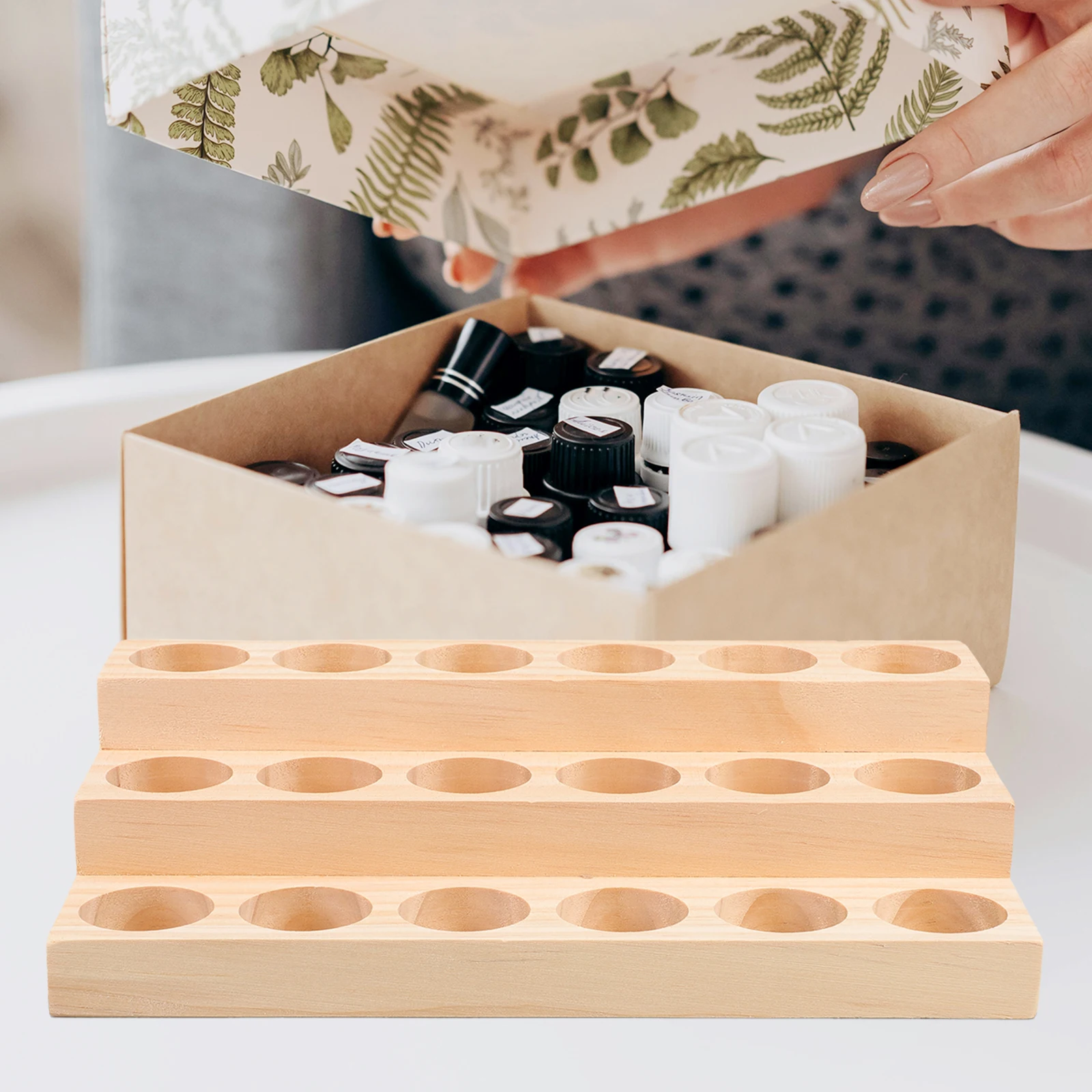 

Essential Oil Box Khaki Wooden Shelving 3 Layers Large Capacity Diffuser Rack Wood Essential Oil Rack Bottle Holder Organizer