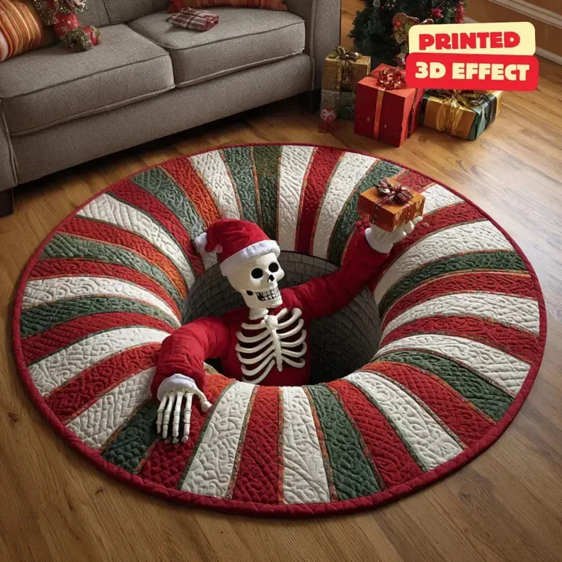 Vintage Christmas 3D Optical Illusion Round Rug Tunnel Hole Print Mat Brick Santa & Striped Skeleton Santa for Living Room Decor