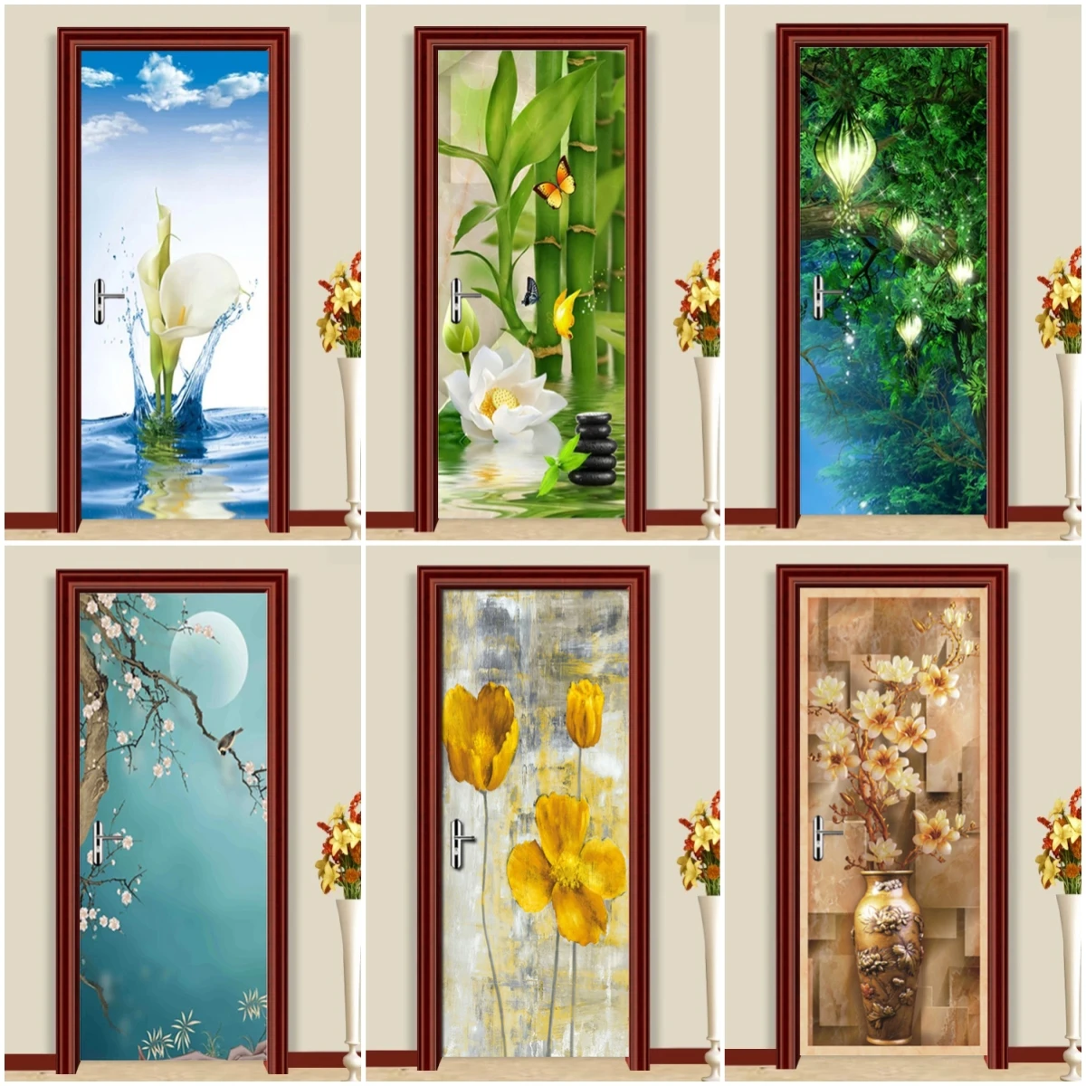 

3D Door Sticker PVC Self-adhesive Removable Waterproof Photo Wallpaper Bamboo Flowers Vase Leaves Wall Art Decal Home Decor