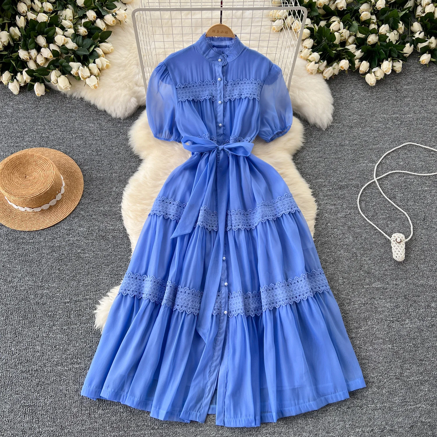 French Vintage Lace PATCHWORK Single Breasted Puff Sleeves Dress korean fashion Casual Women Fashion summer dresses