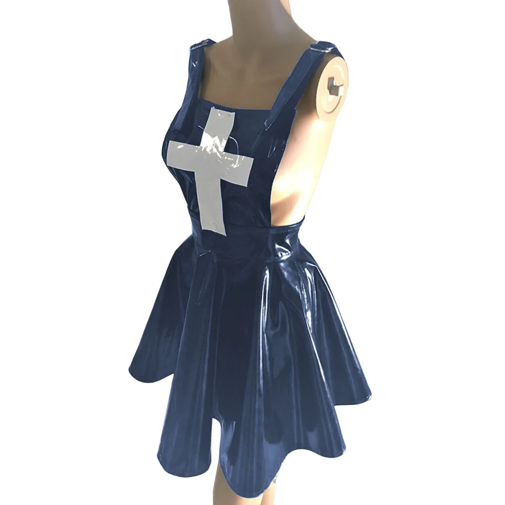 Sexy PVC Leather A-line Dress,Adjustable Strap,Exotic Party Dress, Nurse Cosplay Costume,Sleeveless, Backless Suspender Skirts