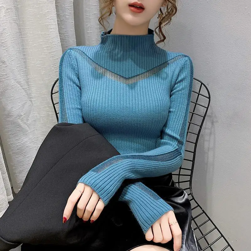 Women Autumn Winter Fashion Patchwork Lace Solid Color Mock Neck Long Sleeve Knitting Bottoming Shirt Ladies All-match Knitwear