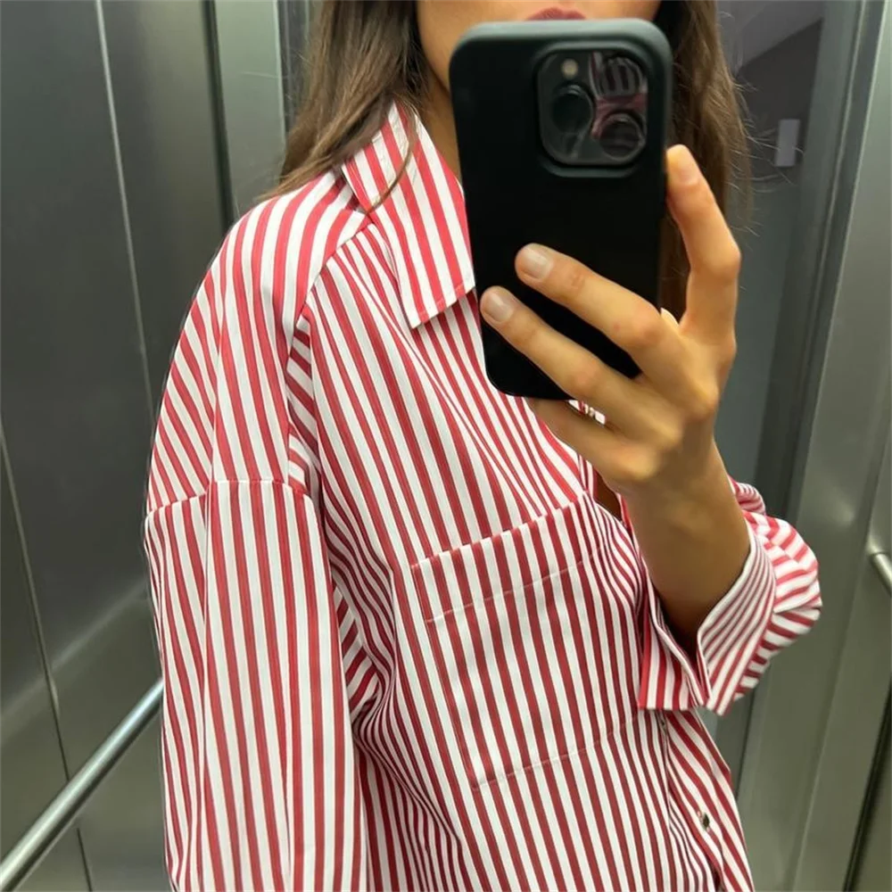 PB&ZA 2024 Spring New Women\'s Fashion Style Casual Versatile Curled Cuff Stripe Loose Shirt Top