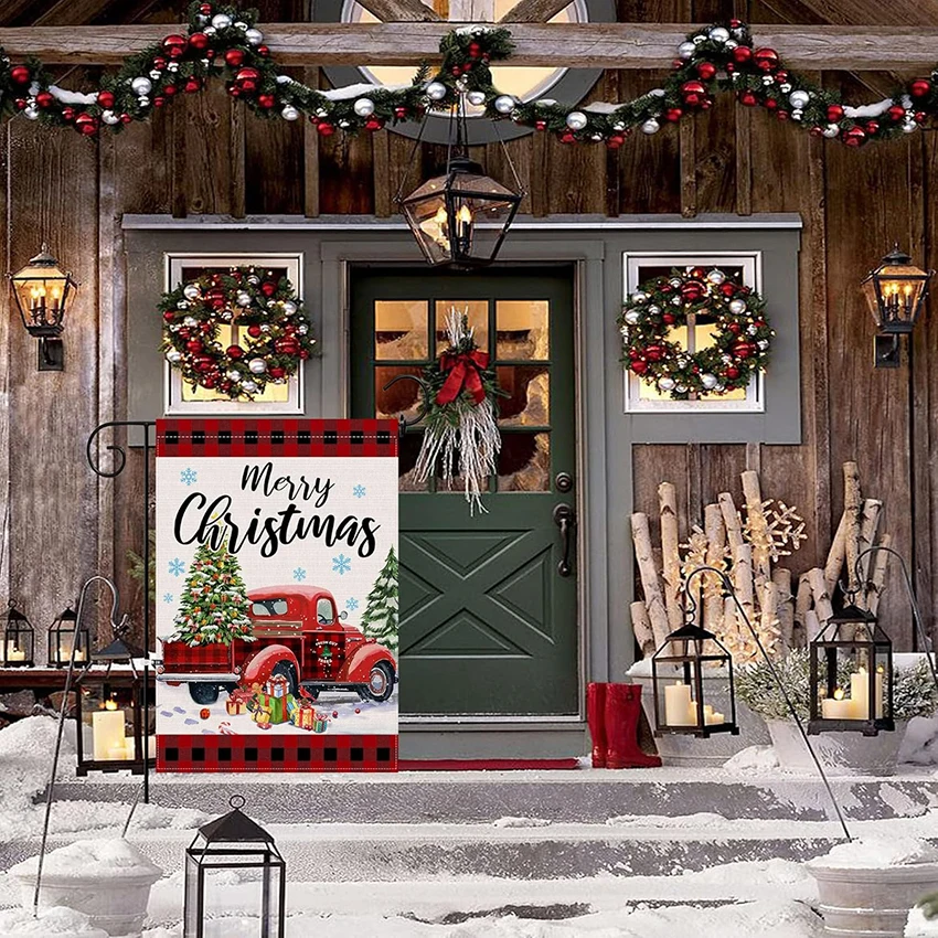 Christmas Garden Flag 12x18 Double Sided Red Truck Christmas Tree House Banner Outdoor Decoration Use To Welcome The Holidays