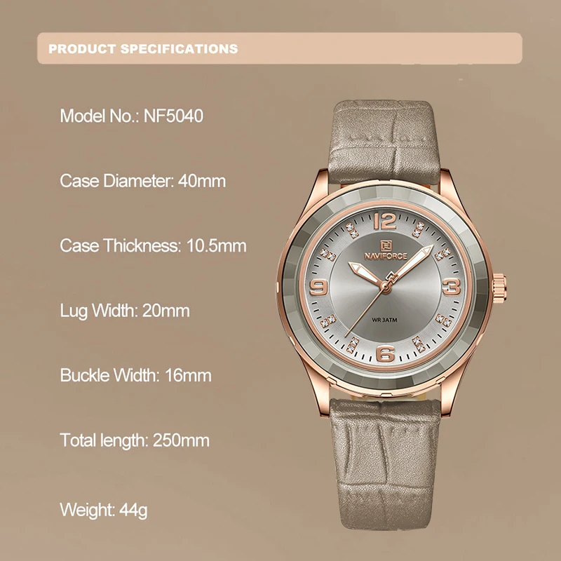 NAVIFORCE Elegant Leather Strap Watch for Women 3ATM Waterproof Business Female Wristwatch Casual Dress Wild Ladies Clock NF5040