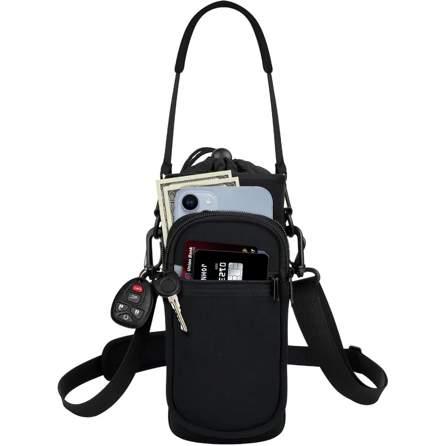 

Держатель для бутылки с водой с ремешком Сумка-переноска для бутылки с водой с карманом для телефона Плечевой ремень Изолированный неопреновый 32–40 унций воды