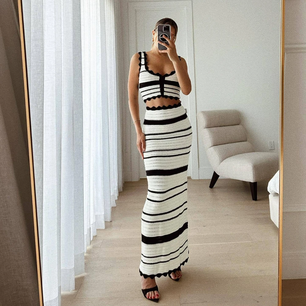 Summer Knitted Beach Skirt Sets Women Sexy Backless Slim Bohemian Outfits Fashion Striped Holiday Two Piece Matching Set 2024