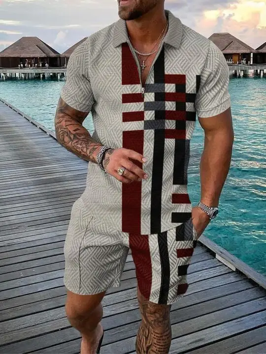 

Summer Trendy Checkered Striped Printed men's Sportswear set, Casual Zipper Collar Polo Shirt And Shorts Capri Pants Set