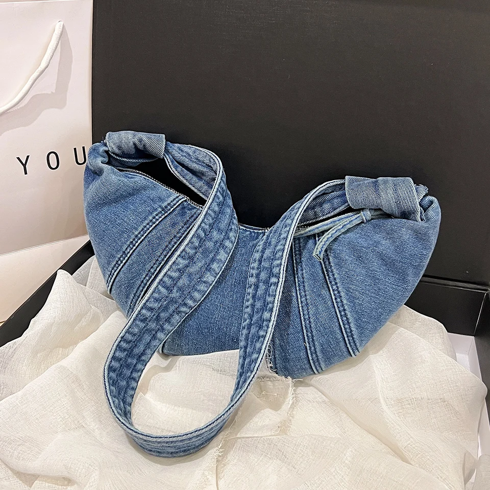 1 Piece Ladies Solid Color Stitching Denim Shoulder Bag fashion Large Capacity Crescent Bag