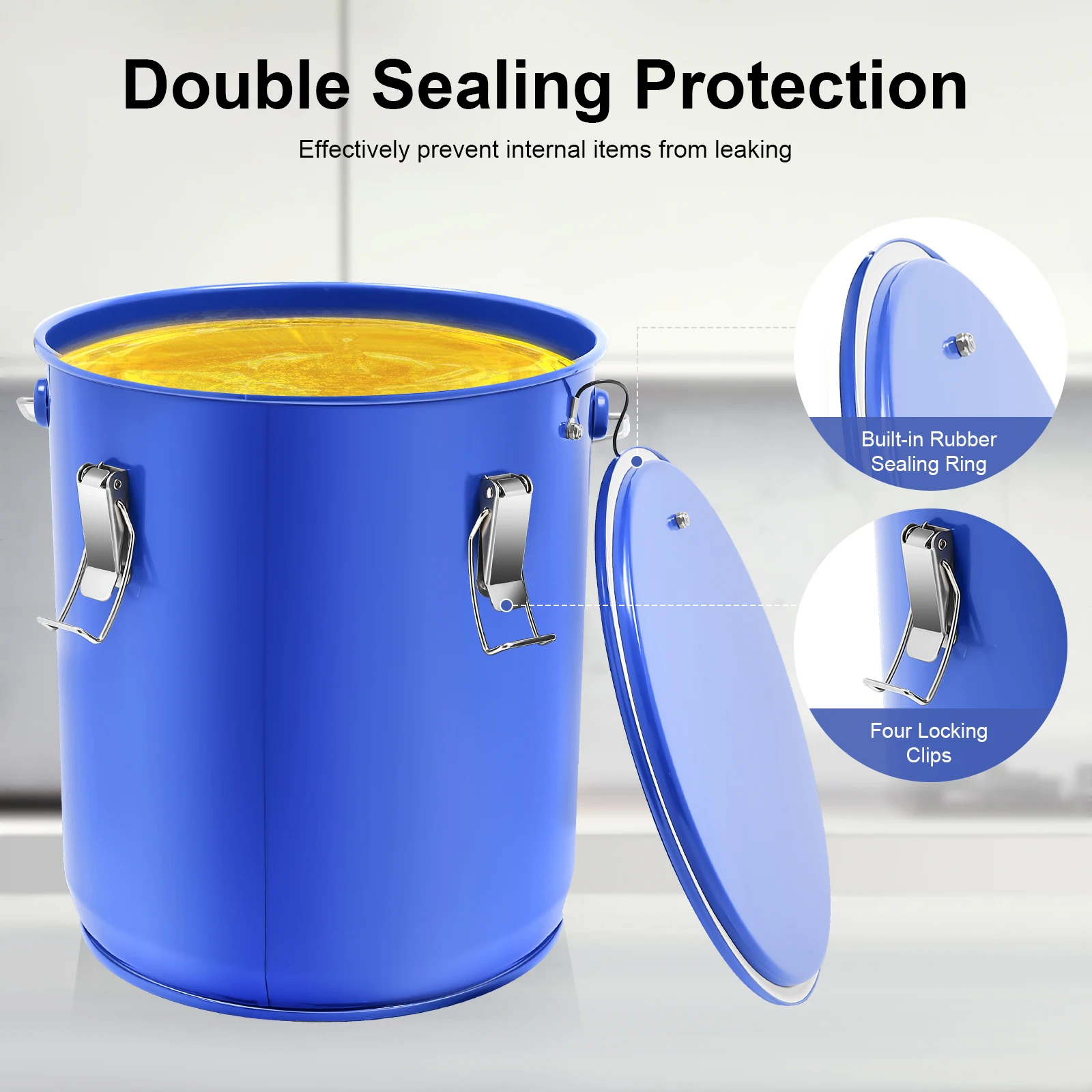 

6Gal Commercial-Grade Steel Fryer Grease Bucket Rust-Proof Oil Transport Container with 4-Lock Clips & Compact Design (Blue)​