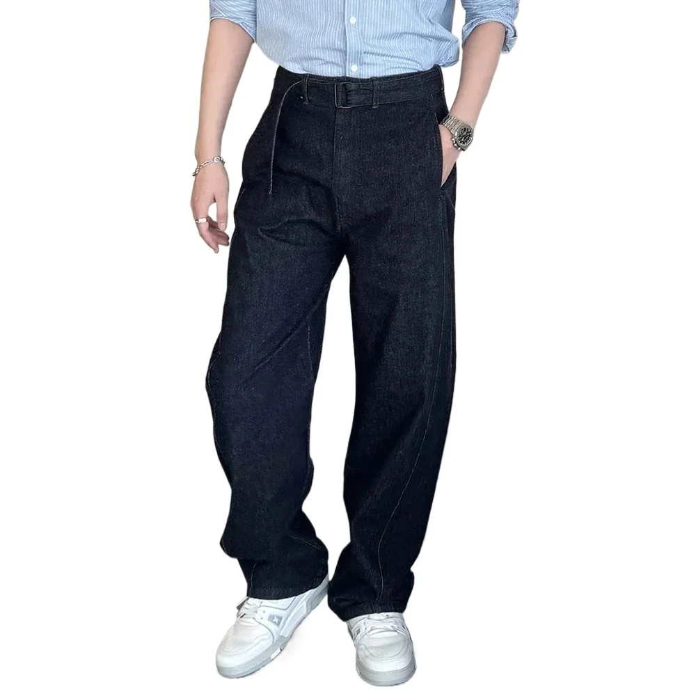 Men Japanese Korean Streetwear Fashion Belt Loose Casual Vintage White Blue Denim Wide Leg Jeans Pants Long Jeans Trousers Man