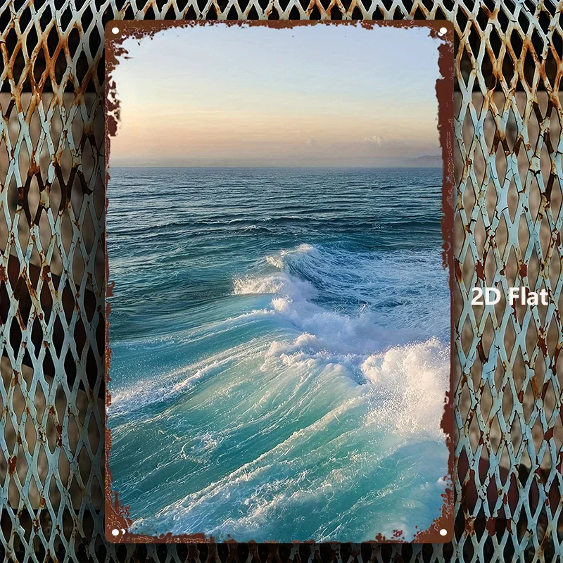 2D Flat Metal Sign, Ocean Wave Wrought Iron Decorative Painting, Ocean Art Wall Decor, Tin Plate Hanging Home Decoration