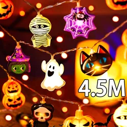 String Lights Battery Powered with Ghost Witch Cat Pumpkin Spider Web Skeleton Mummy Pirate Shape Halloween Hanging Decoration