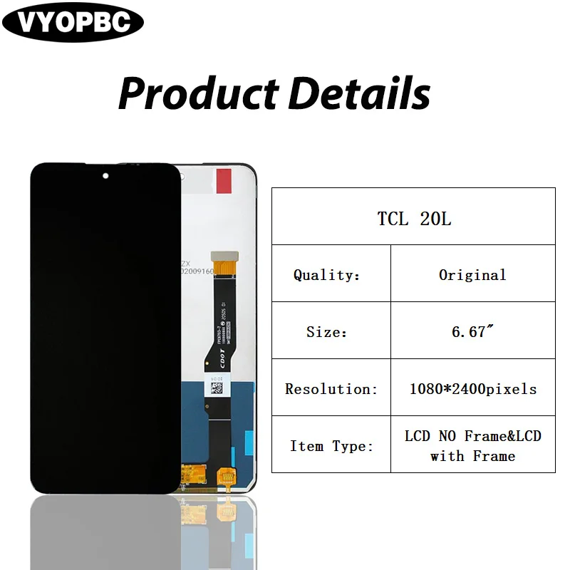 For TCL 20L Original LCD Display With Frame Panel Digitizer Assembly Repair Replacement Parts T774H T774B Touch Screen