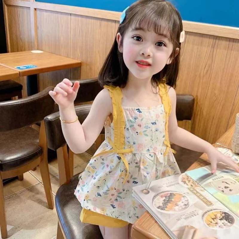 Summer Girls Korean Floral Overall Dress Set Sweet Vest Children Fashion Comfortable Trendy