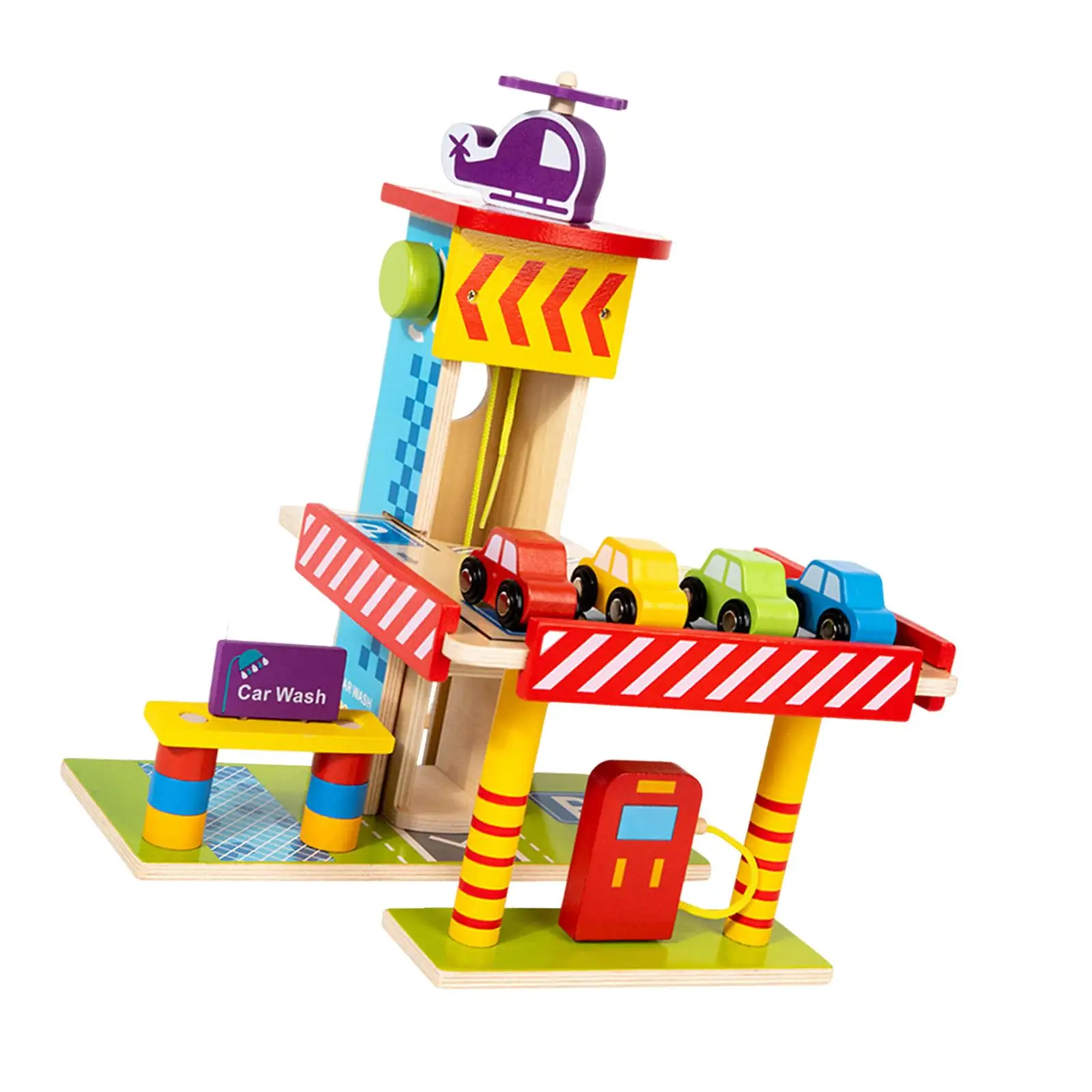 Conjunto de garagem de estacionamento de madeira, estação de gasolina, helicóptero, lavagem de carro, brinquedo de simulação