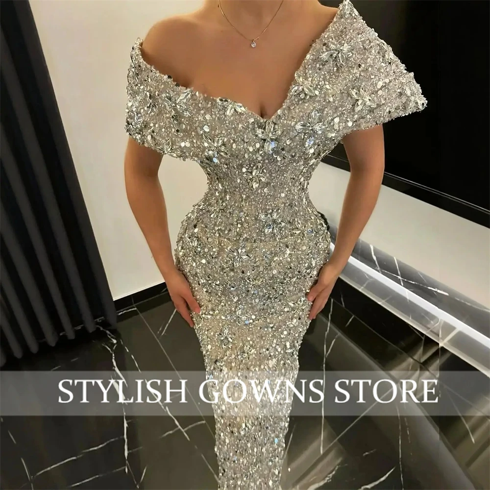 Saudi Arabic Sparkly Bead Diamonds Evening Dress Gems Crystals Glitter Prom Gown Birthday Party Dress Vestidos De فستان وردي
