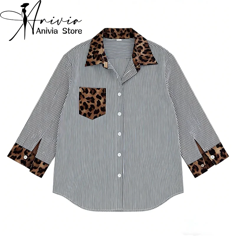 

Women's Casual Shirt Leopard Stripe Y2K French Harajuku Aesthetic Retro Office Elegant Long Sleeve Pocket Turn-down Collar Top