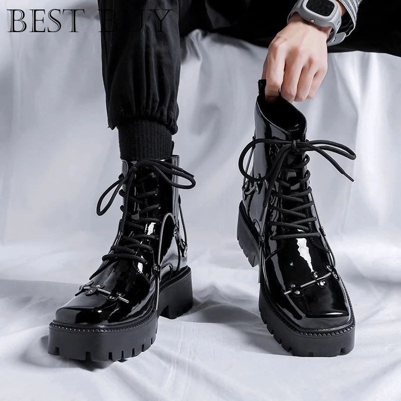 Men High Top Genuine Leather Derby Shoes Vintage Square Toe  Platform Dress women Shoes Black Business Footwear Wedding Shoes