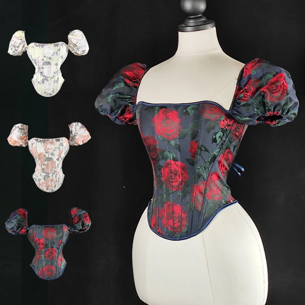

New Summer Rubber Short Puff Sleeve Corset Convex Rose Floral Jacquard Corselet Vest Bustiers Tops