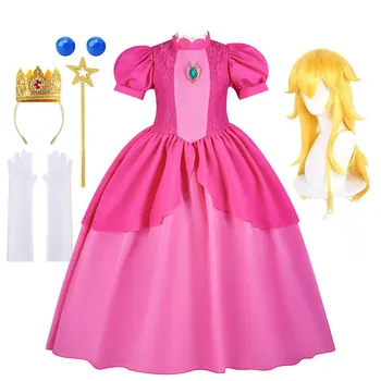 Peach Girls Peach Cosplay Dress Up Princess Game Role Play 4 6 8 10 Yrs Kid Final Level Peach Costume Movie Elegant Party Frock