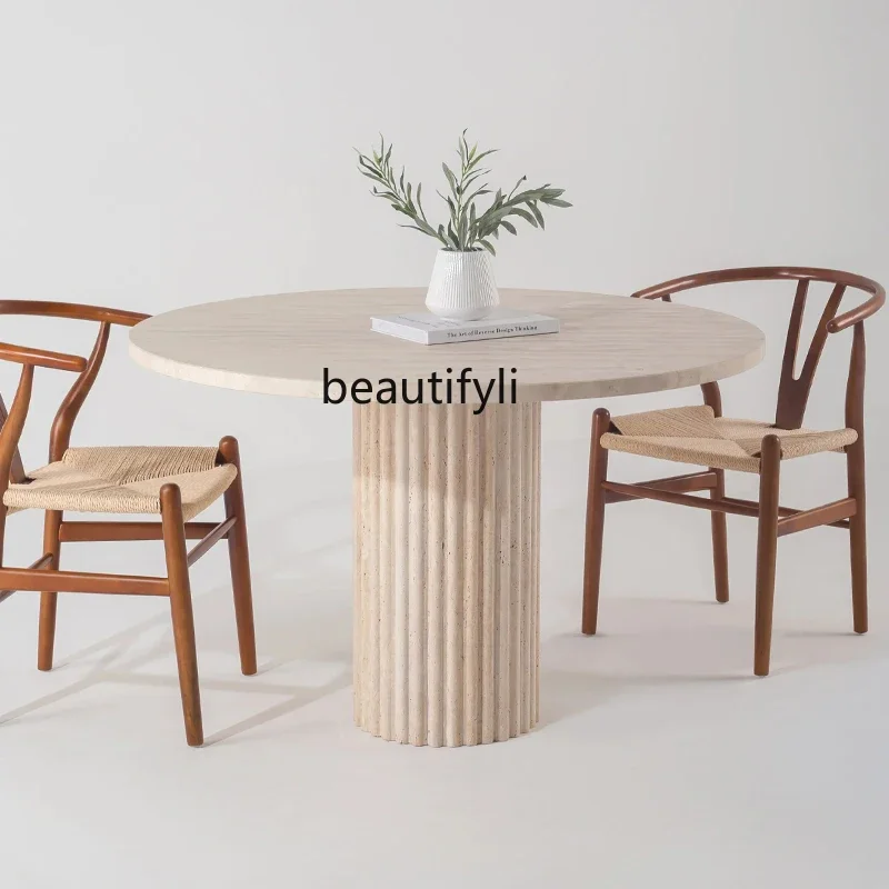 

Natural travertine dining table Household high-end restaurant Luxury stone table French round tableG4567