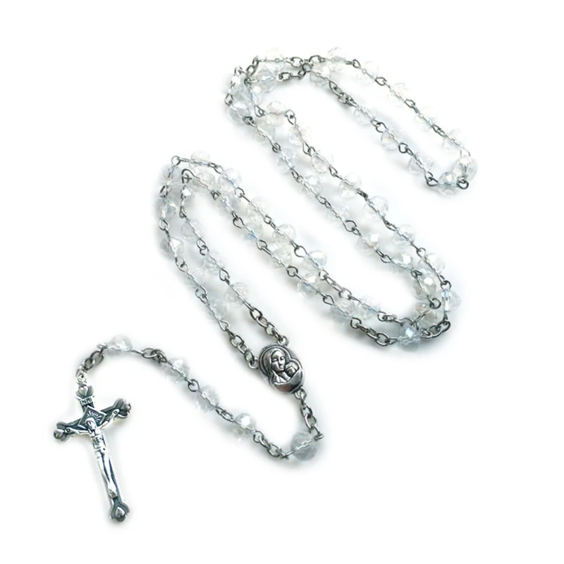 White Crystal Rosary Necklaces Crucifix Religious Jewelry for Women Gift