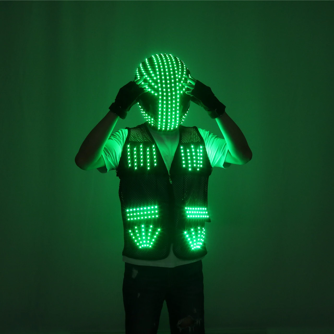 

LED Helmet Cosplay Robot Light Up Clothing Nightclub Party Performance Wear Luminous Waistcoat DJ Suit Halloween Men Costume