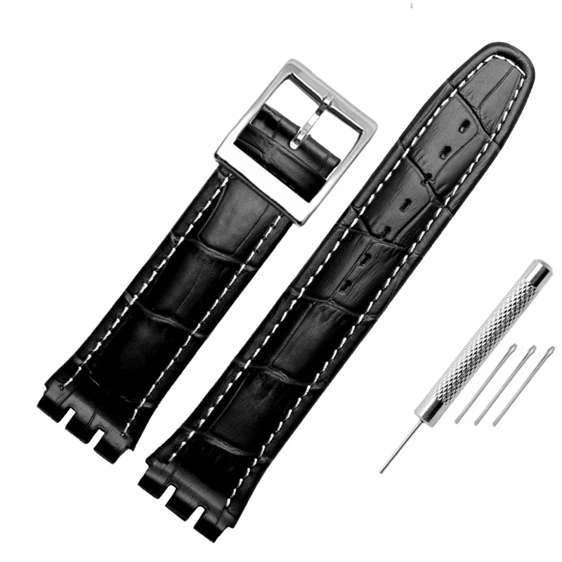 Black Brown 17mm 19mm 23mm Waterproof Genuine Leather Watch Strap Band For Swatch Alligator Pattern Leather Belt watchband