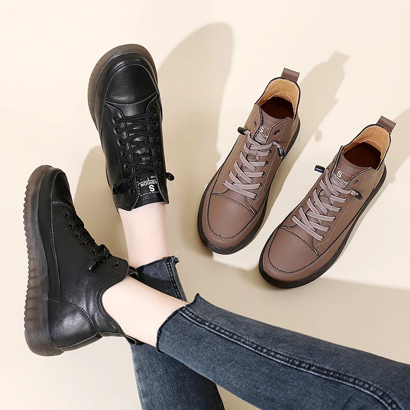 Women Genuine Leather Sneakers Winter High-top Casual Shoes plush keep warm Autumn First Layer Cowhide Ladies Vulcanized Shoes