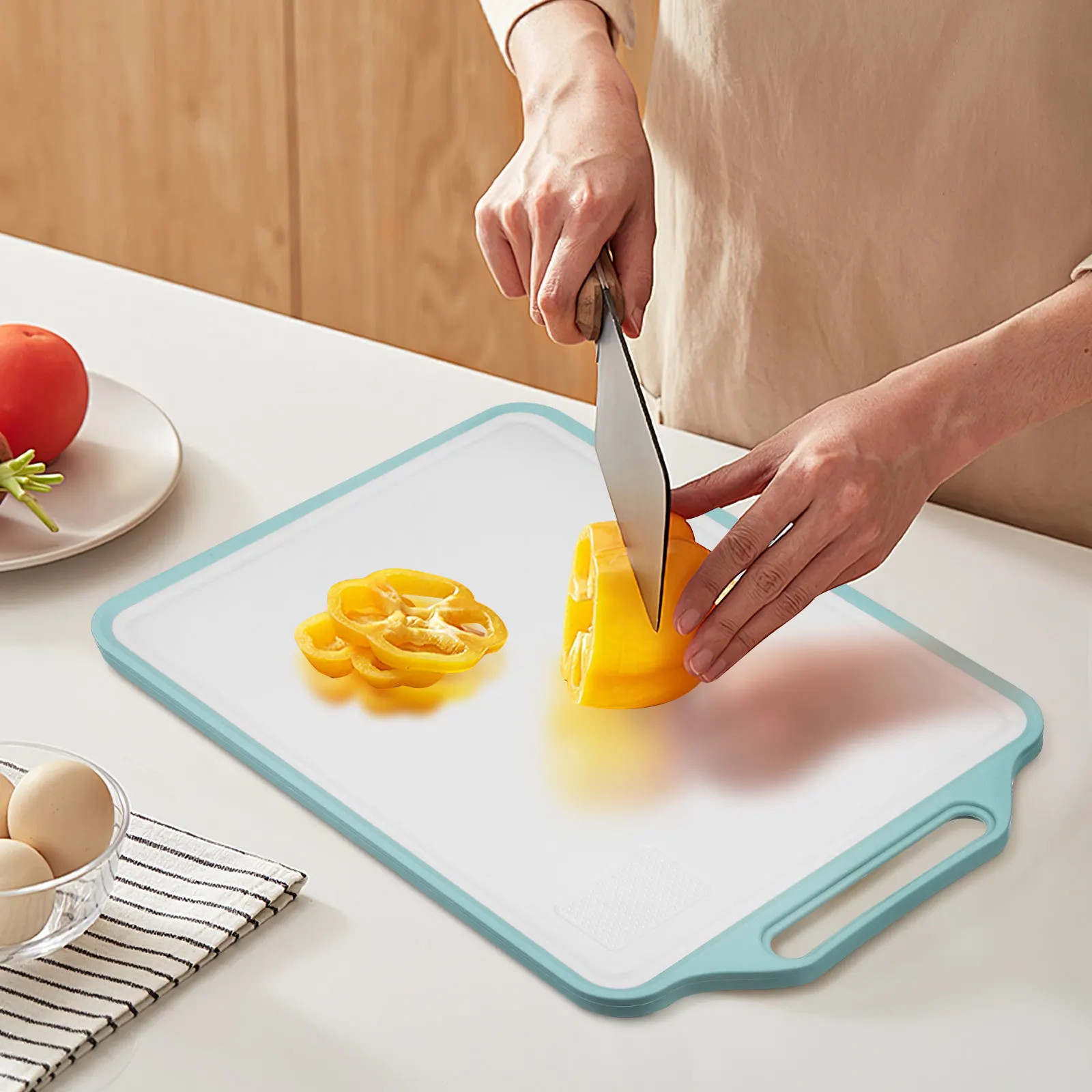 Large Double Sided Cutting Board Stainless Steel and Plastic Food Chopping Board with Hanging Storage Non Slip Base Mashing