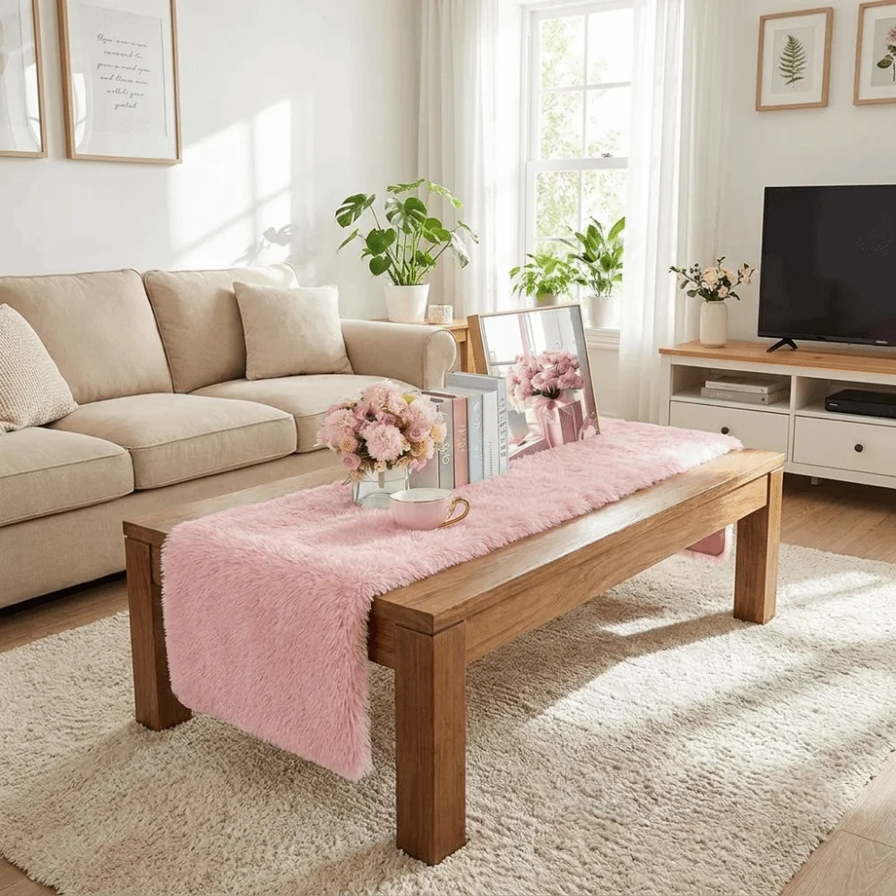 Soft Gradient Plush Table Cushion Shaggy Dustproof Faux Fur Table Runner Decorative Anti-slip TV Cabinet Pad Vanity Dresser