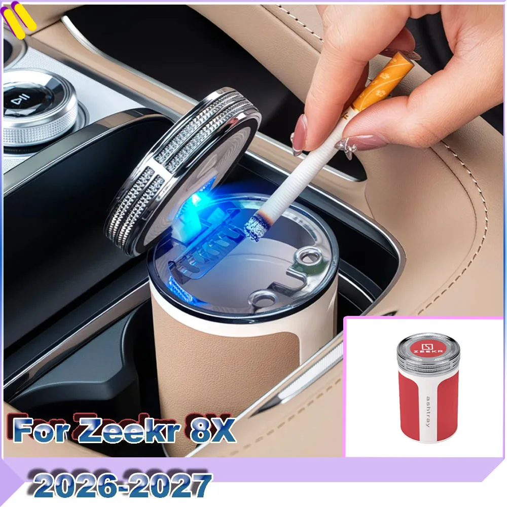 Car Ashtray Fit For Zeekr 8X 2026-2027 Nappa Leather Ceramic Liner LED Light Windproof Smoke Prevention Interior
