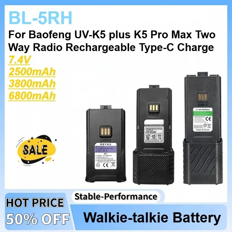 7.4V 2.5Ah/3.8Ah/6.8Ah BL-5RH Battery For Baofeng UV-K5 plus K5 Pro Max Walkie Talkie Two Way Radio Rechargeable Type-C Charge