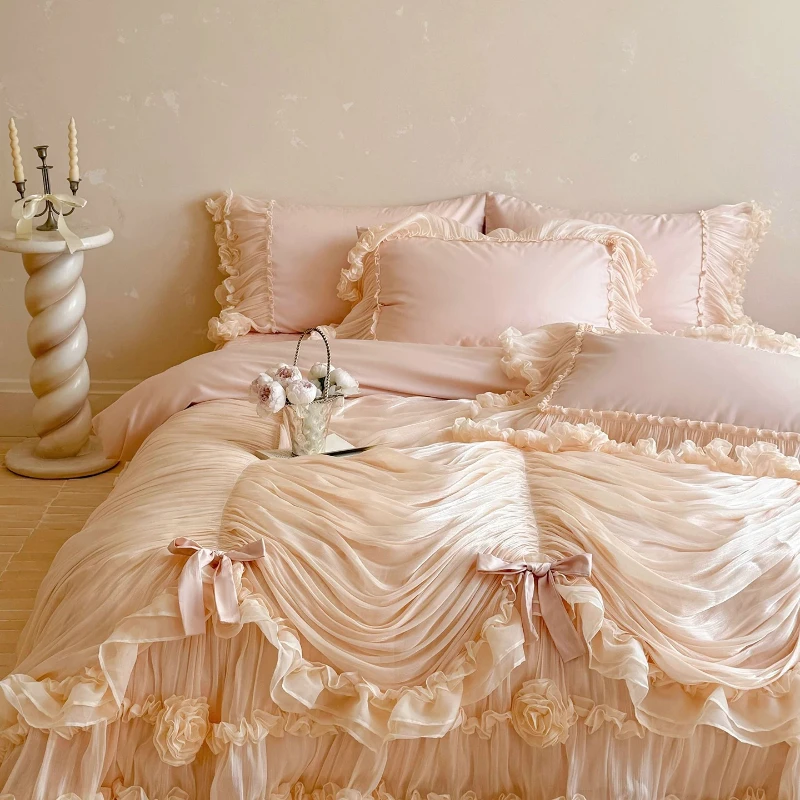French bed skirt, cotton satin long-staple cotton four-piece set, handmade disc flower pink princess style premium padded