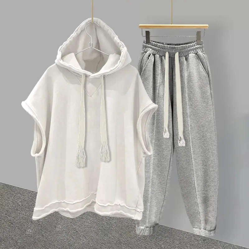 New 2025 Women SuitSolid Color Sleeveless Hood+ Casual Pants Set Women/Men