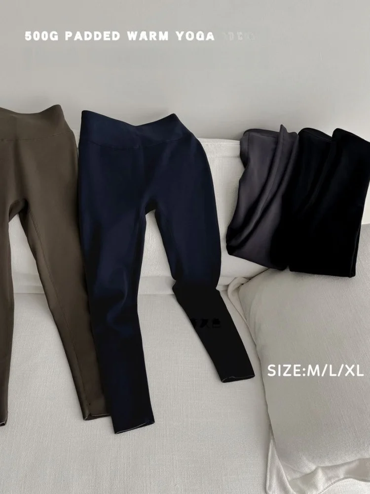 Spodnie do jogi z wysokim stanem, ocieplane, z aksamitu jagnięcego, uniwersalne spodnie na jesień i zimę, długie legginsy z nylonu i spandexu.