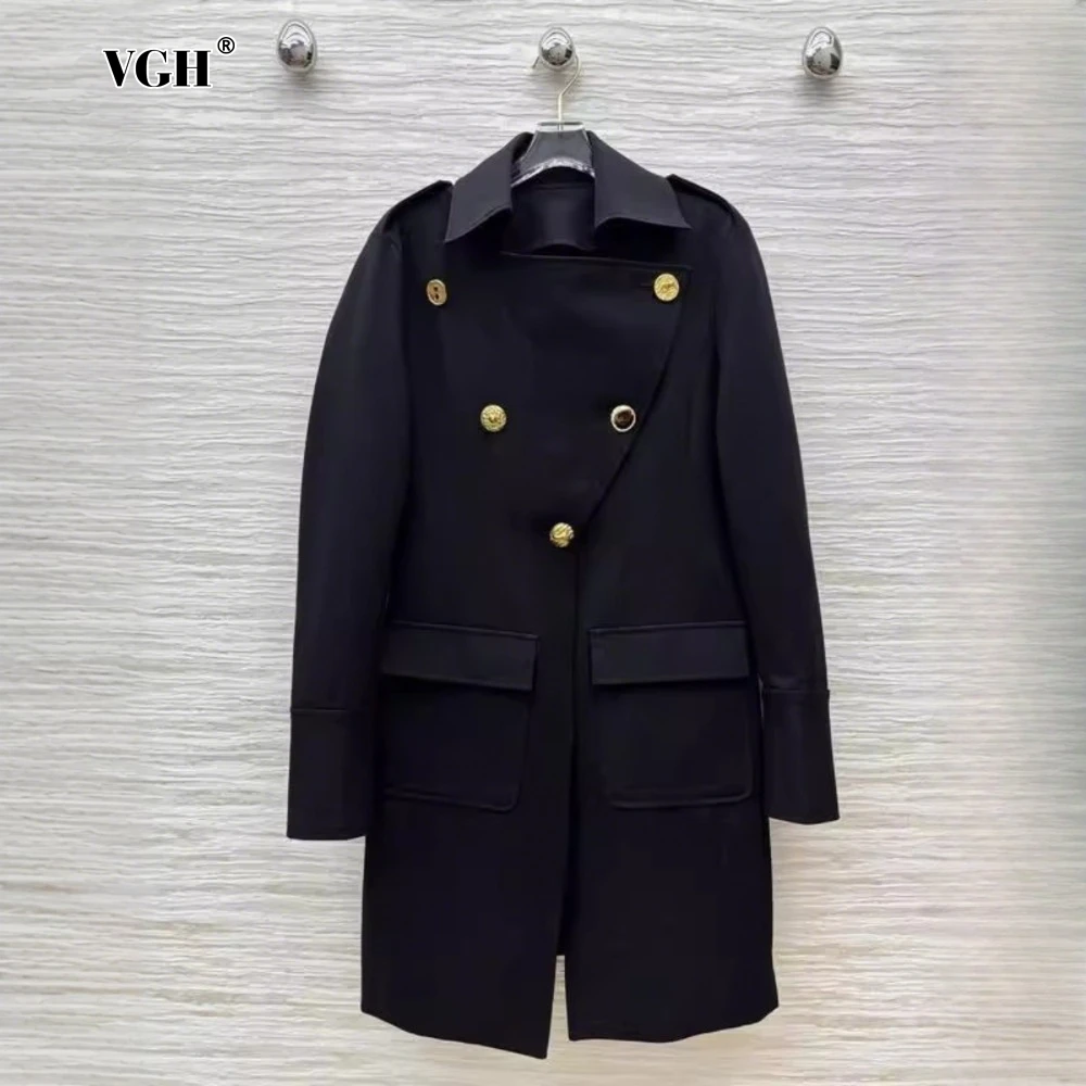 

VGH Solid Temperament Slimming Jacket for Women Lapel Long Sleeve Patchwork Double Breasted Midi Length Coat Female Autumn New