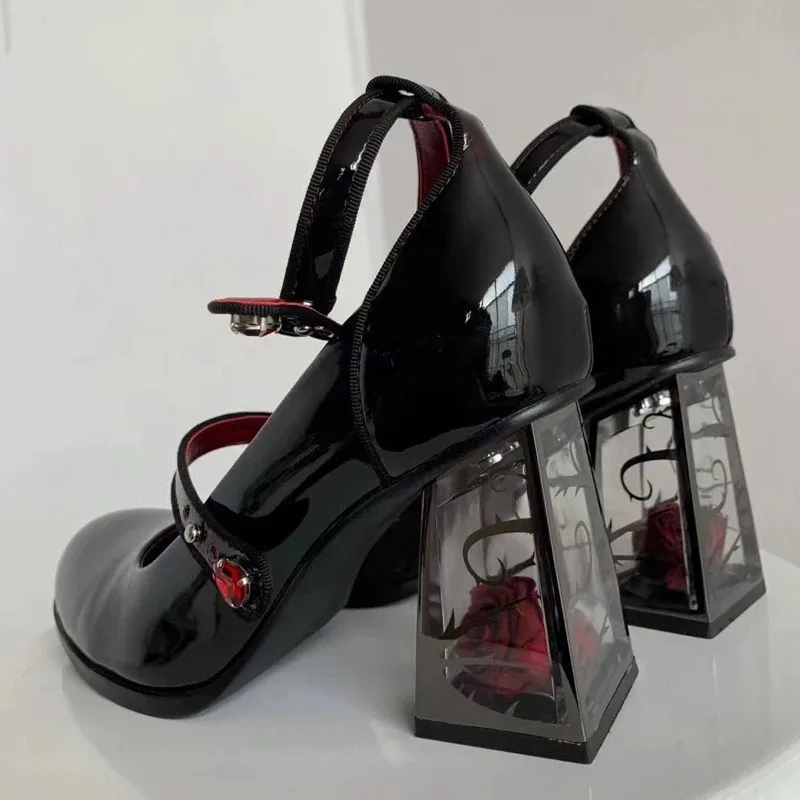 Women High Heel Pumps 2025 New Rose Heeled Patent Leather Lolita Shoes Women Punk Gothic Black Mary Jane Shoes Designer Shoes