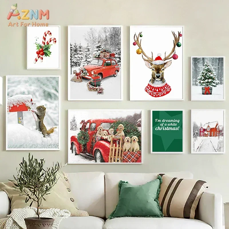 AZNM Christmas Red Truck Canvas Wall Art Reindeer Puppy Print for Festive Winter Home Decor