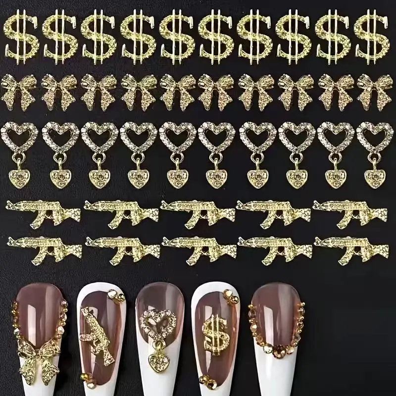 

20 PCS 3D nail accessories - heart-shaped, bow shaped, gun shaped, and dollar sign rhinestone jewelry, nail decoration