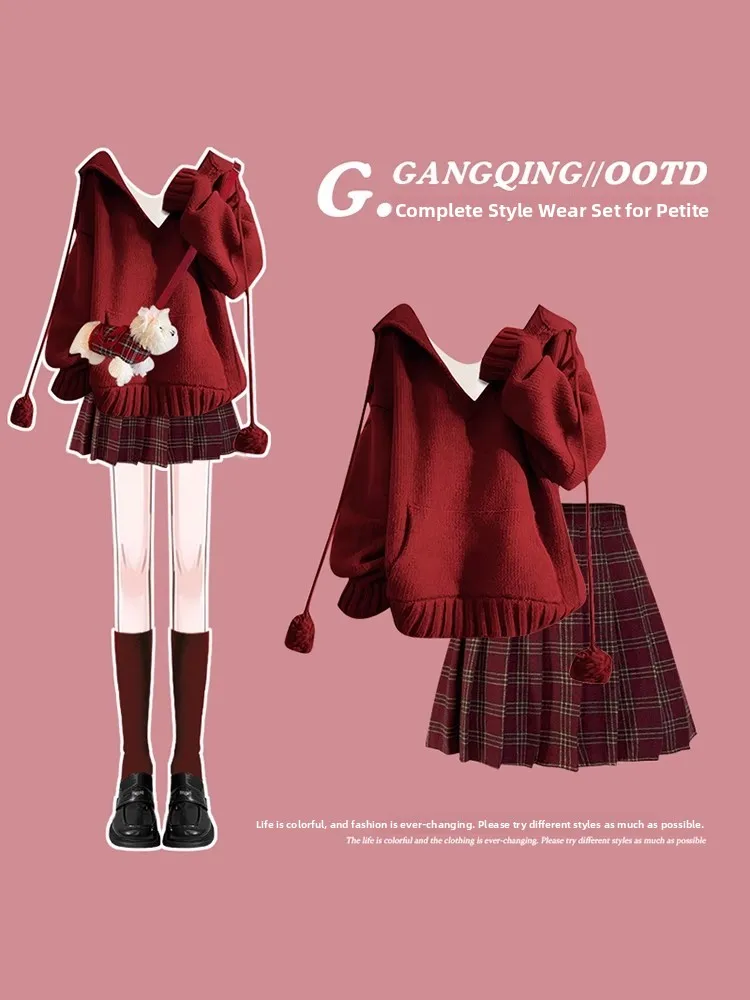 

Cisas Theme Hooded Sweater And Plaid Skirt Two-Piece Set for Women High Waist Slimming Spring Autumn Faion College...