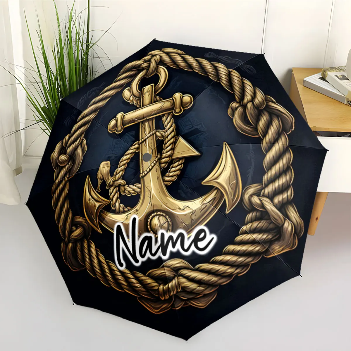 Custom Name Umbrella Nautical Anchor Umbrella Design Print 8 Iron Ribs Folding Umbrella Auto-Open Fashion Sunshade