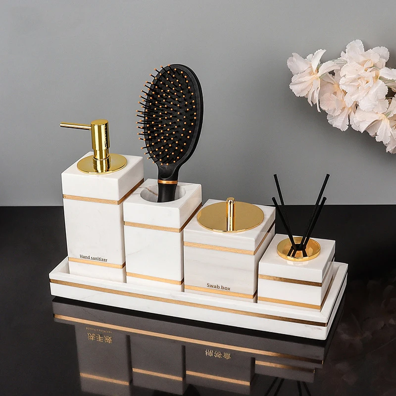 Volakos White Natural Marble Bathroom Accessories Golden Luxury Soap Dish Soap Dispenser Toothbrush Holder Tray Bathroom Set