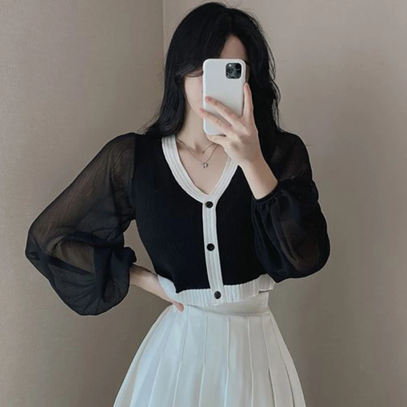 

Chic Summer Unique V-Ne Color Blo Slimming Me Bubble Sve irt Women's Faion Korean Sle Commute Wind Regular Fit