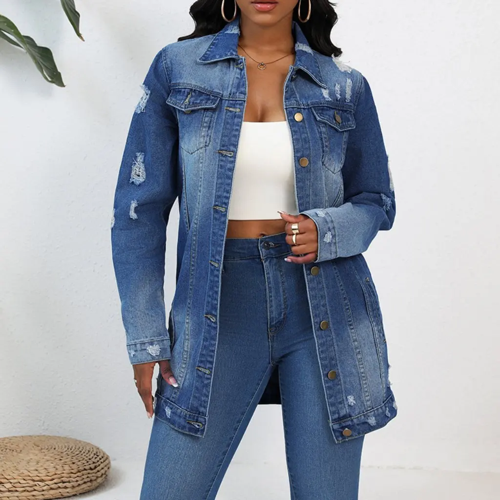 Women's Long Sleeve Denim Jacket Independent Station Hole Design Real Shot Outerwear for Ladies