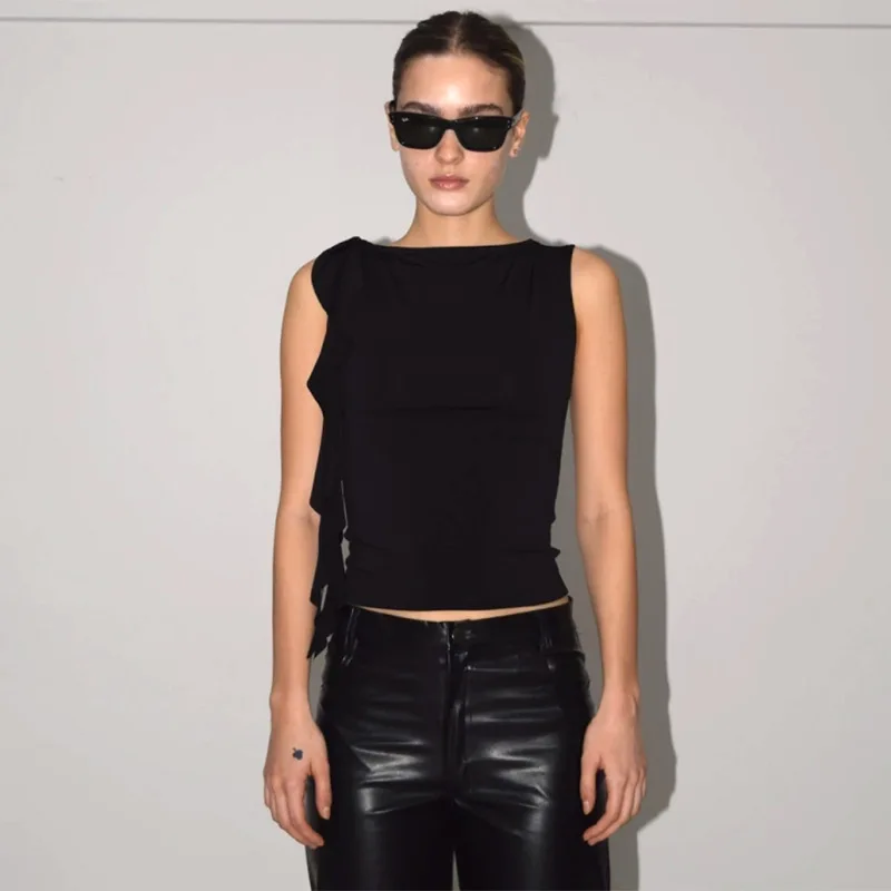 Summer Women'S Solid Color Vest Fluttering Tassel Sleeveless Slim Pullover Round Neck T-Shirt Casual Street Wear Y2K image 3