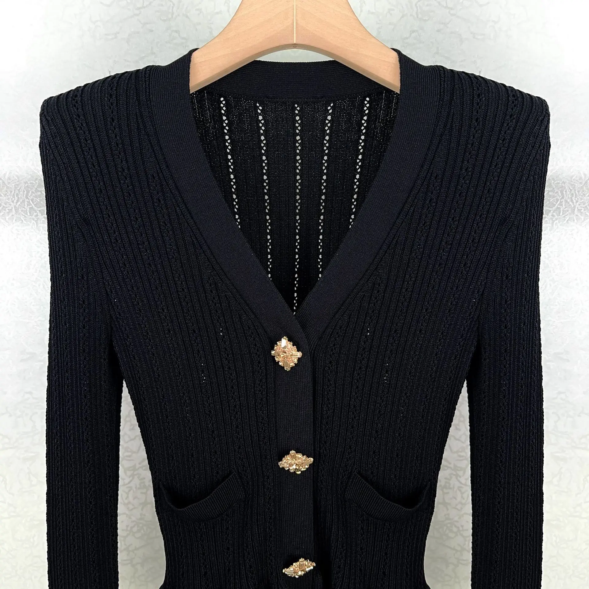 Women Black Shoulder Pad Ruffles Knit Cardigan Gold Buckle V-Neck Slim Fit 2024 Early Autumn Ladies Long Sleeve Knitwear Tops