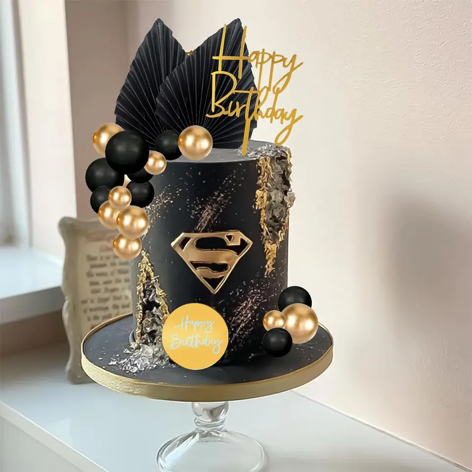 26 Pièces Décoration Gâteau Anniversaire Noir Et Argent - Cake Topper, Boules Et Feuilles Palmier